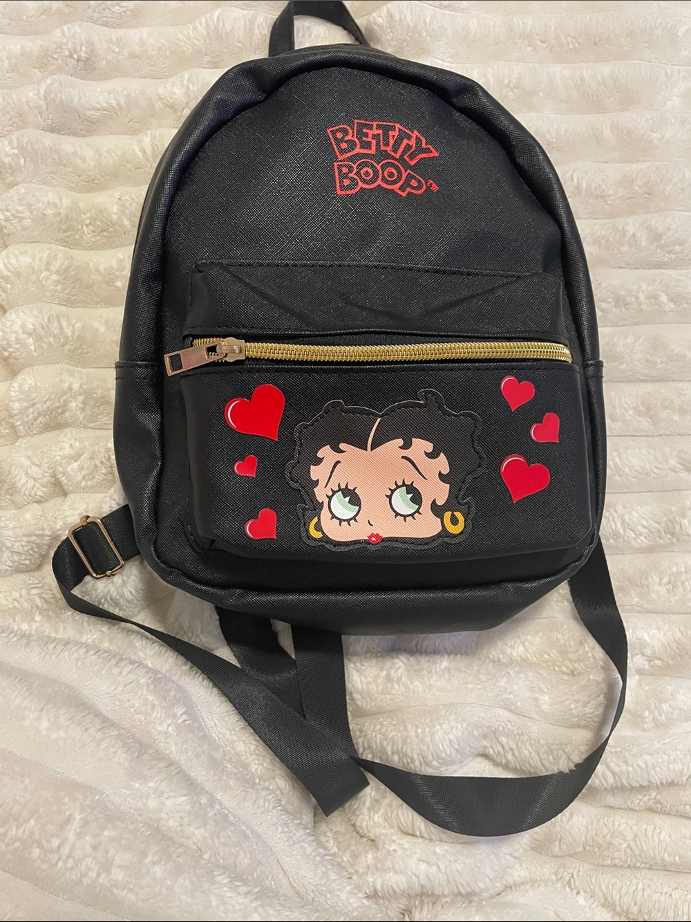 Betty Boop Black Mini Backpack with Red Heart Accents and Gold Zipper